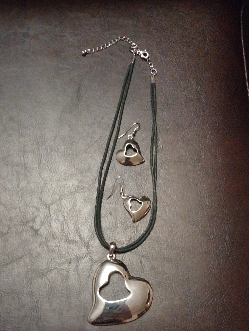 Heart Pendant Necklace and Earring Set - Silver and Black